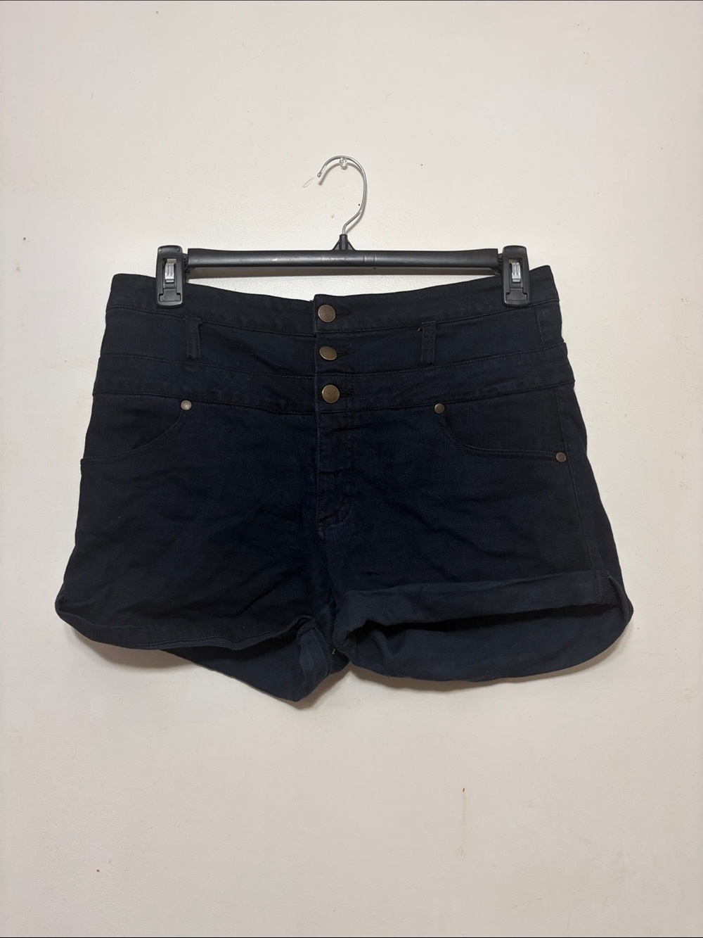 High-Rise Black Denim Short with Triple-Button Front